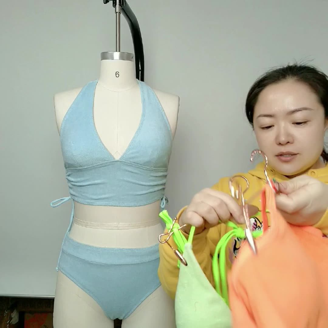 Custom Logo Bikini Two Piece Special Terry Fabric Halter Lace Up