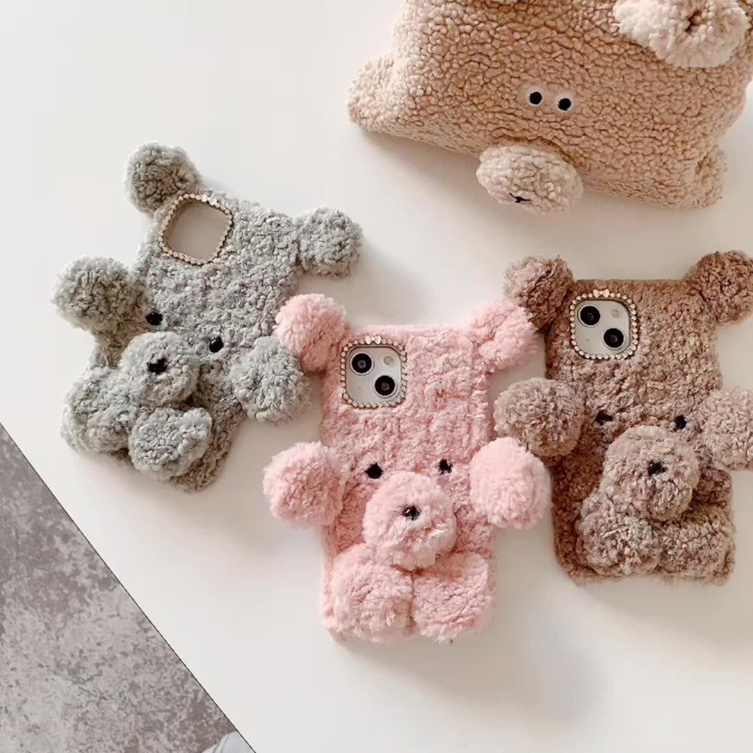 3D Bear Body Women Girl Diamond Shining Furry Plush Phone Case Fluffy Fur  Hair Warm Protective Cover for iPhone 11 12 13 Pro Max