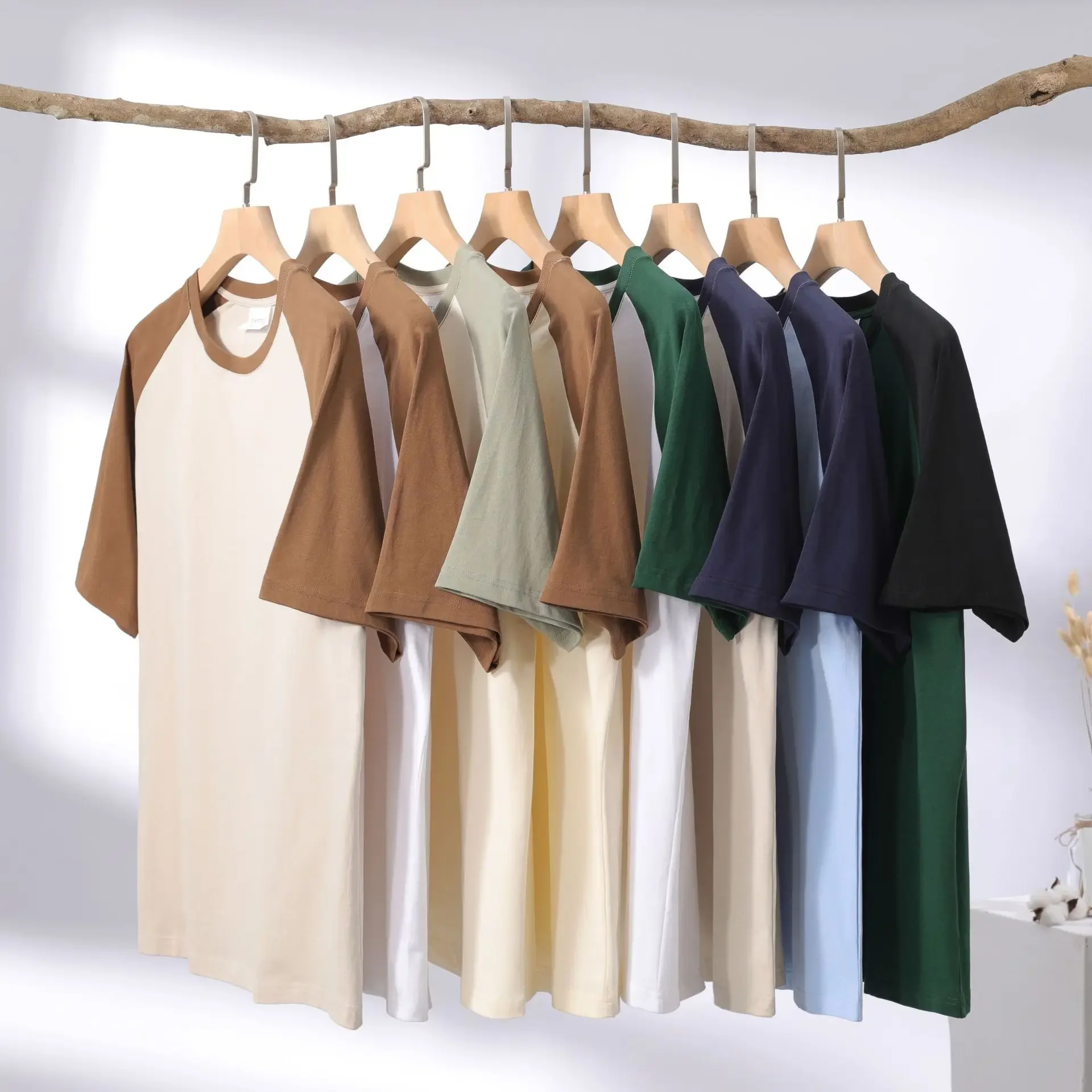 Spring and Summer New 245g Heavy Double Yarn Pure Cotton Raglan Short Sleeve Men's Fashion Brand Hong Kong-style Loose Color-matching Sleeve T-shirt for Women