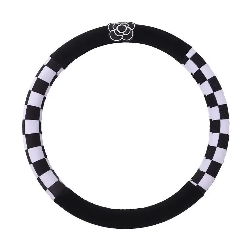 Short plush car steering wheel cover women's Internet-famous camellia flower houndstooth anti-slip autumn and winter women's steering wheel handle cover