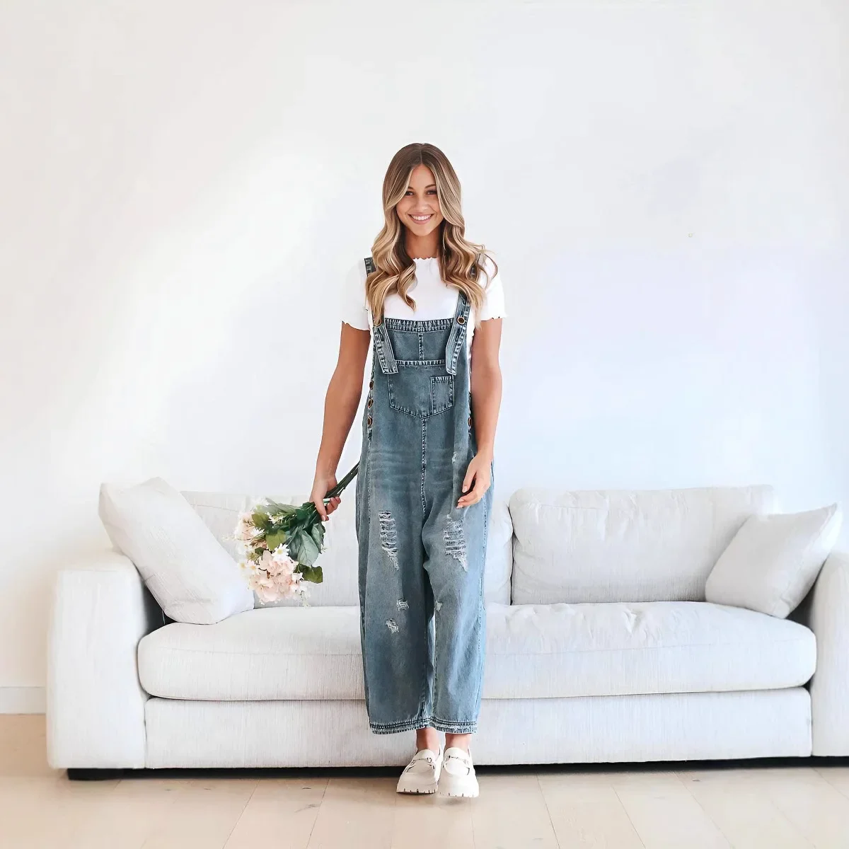 European and American Cross-border Fashion Retro Old Ripped Loose Wide Leg Comfortable Leisure Strap Denim Overalls Women