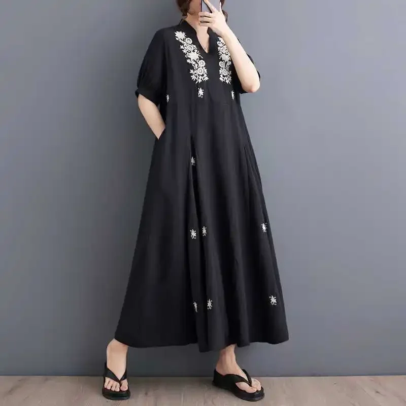 Summer megaphone, dress, Korean style, loose fit, flowered, with embroidery, plus size