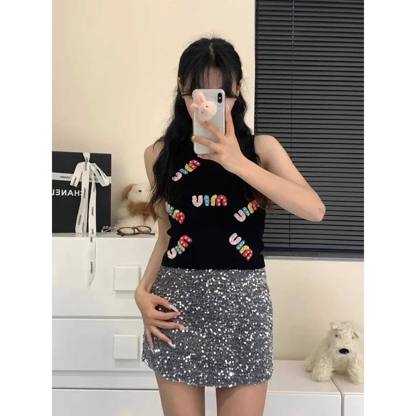 Summer Colorful Diamond-embroidered Knit Tank Top Sleeveless Short Style Slimming Small Figure T-shirt Fashion and Trendy