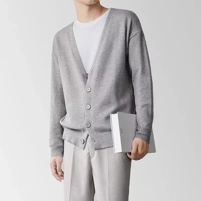 Men's Knitwear Cardigan Business Casual V-neck Solid Color Sweater Jacket Men's Spring and Autumn Sweater Men's Cross-border