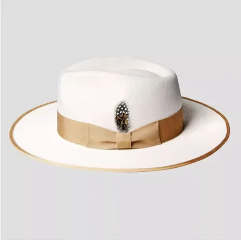 Cross-Border Amazon Best-Selling Woolen Fedora with Large Brim, Autumn and Winter Retro British-Style Feather Felt Hat, European and American Style