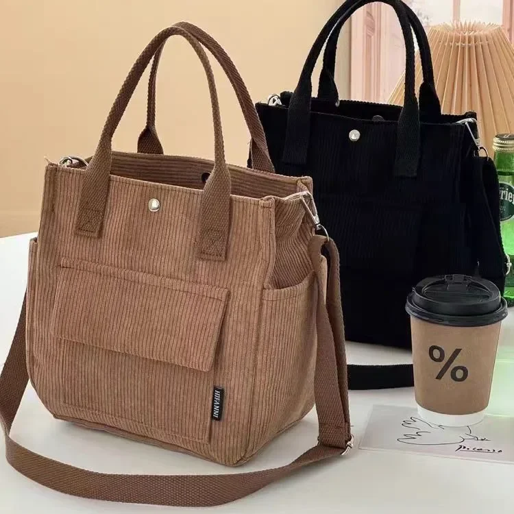Original and Stylish Corduroy Multi-Pocket Crossbody Tote Bag, Student Simple and Versatile Lunch Box Bag