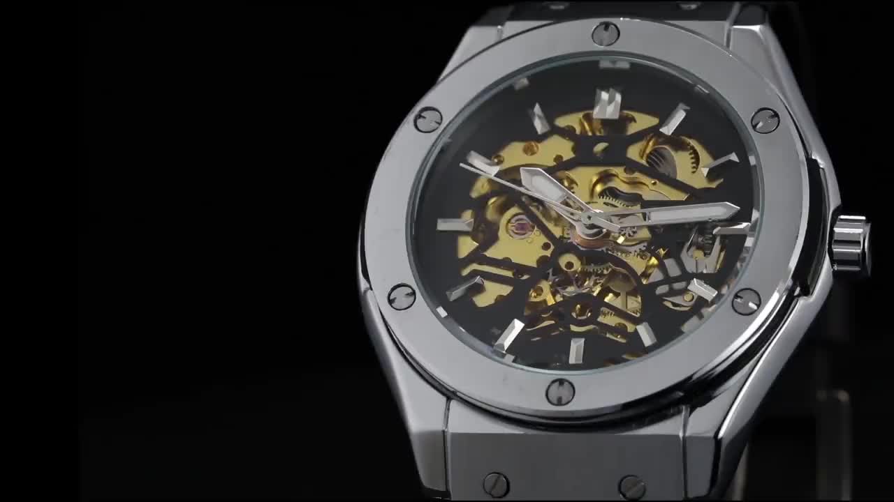 WINNER Top Luxury Brand Men Automatic Mechanical Watch Golden Metal Series  3D Bolt Skeleton Dial Rubber Strap Male Wrist Watches