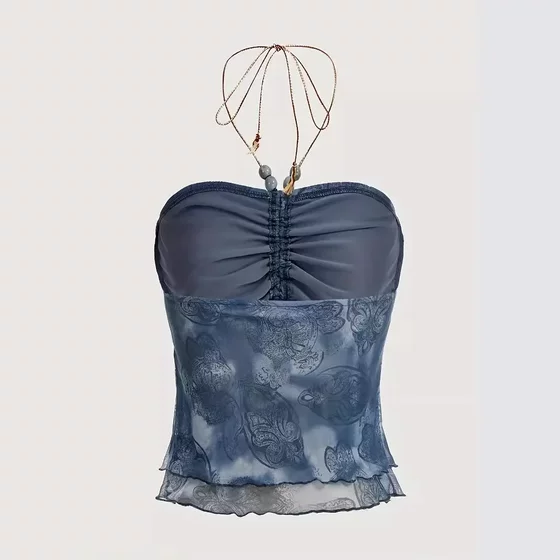 European and American INS Mermaid Tie-dye Pleated Suspender Belt Asymmetrical Hem Lace-up Beaded Halter Tube Top for Women