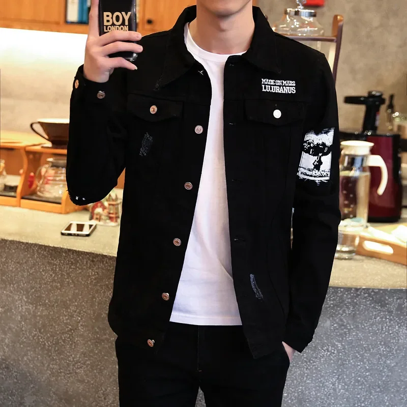 Autumn trend black denim jacket, 2018, Korean style, for teenagers, slim fit