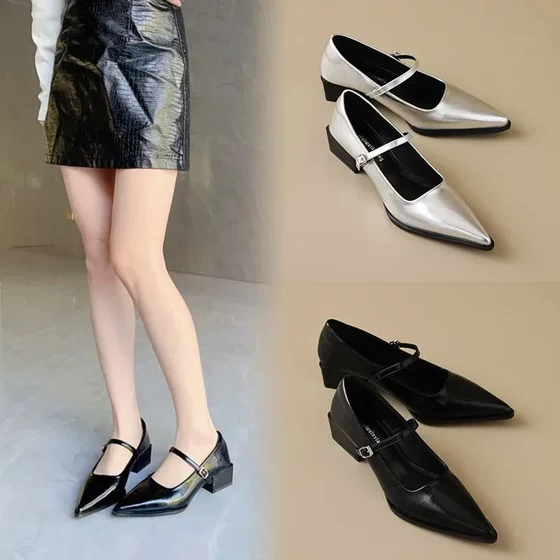 French Shallow Leather Shoes Pointed Toe Shoes Women's 2025 Spring and Autumn New French Style Women's Shoes with Mary Jane
