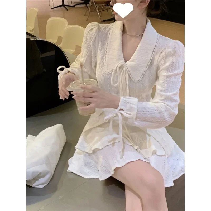 Simple solid color fashion spring gentle jacquard lapel lace-up shirt top + A- line cake skirt two-piece short skirt