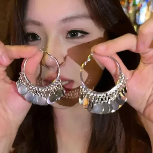 Cross-Border New Earrings, High-End Shiny Exaggerated Disc Tassel Earrings, Fashionable and Elegant Large Circle Earrings