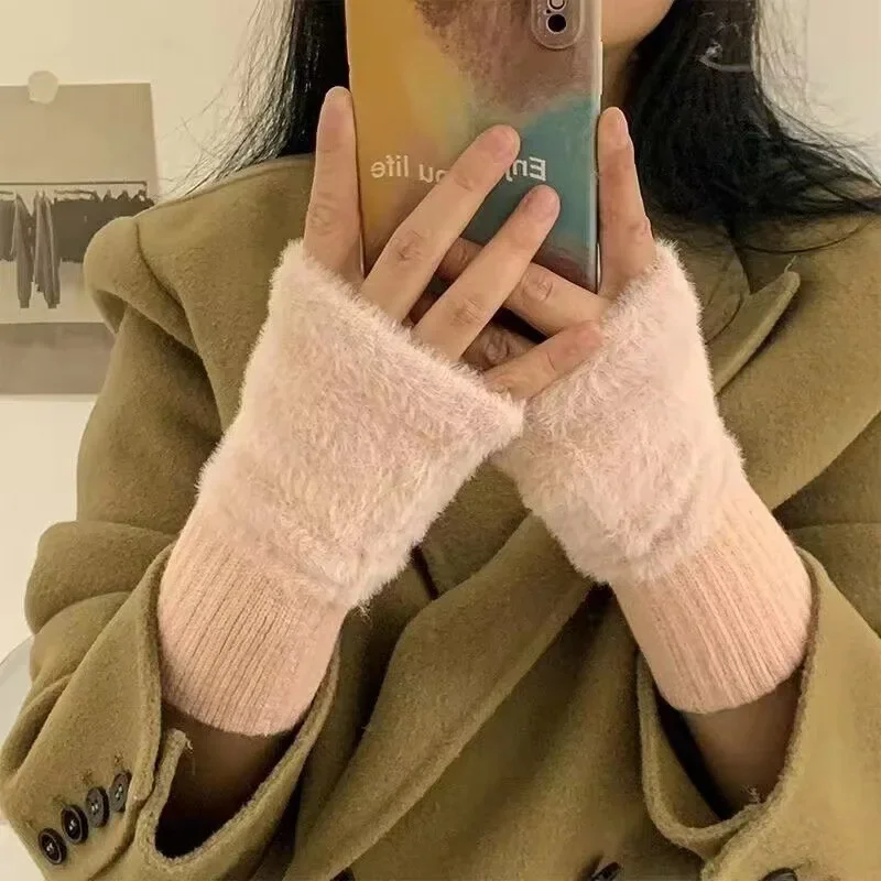 Demi-season knitted keep warm fleece gloves, internet celebrity, fingerless, wholesale