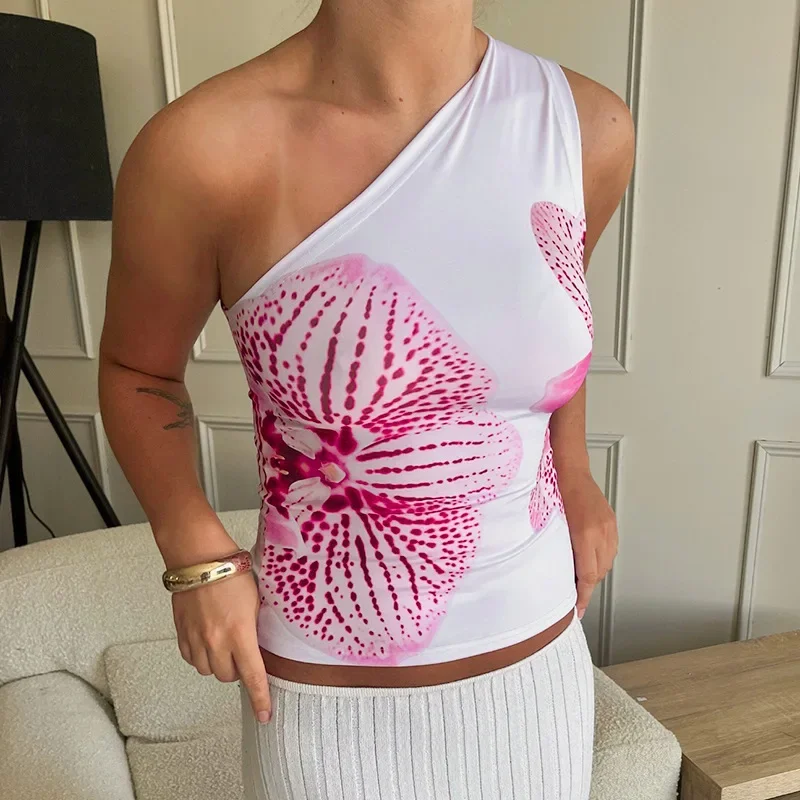 E24TP016 European and American cross-border lily printed diagonal collar one-shoulder sleeveless vest top for women 2024 summer new style
