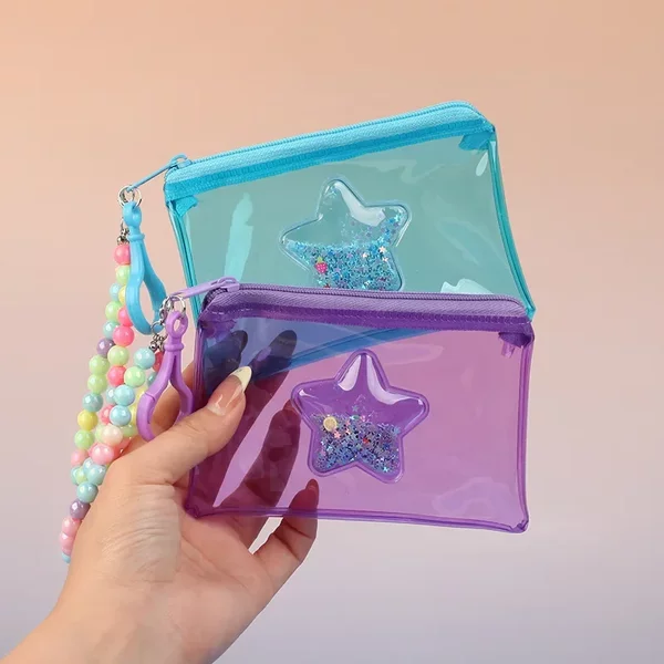 Star Pvc Liquid Sand Coin Purse Transparent Colorful Card Holder Lipstick Bag Earphone Case with Bead Chain Pendant Manufacturer in Stock