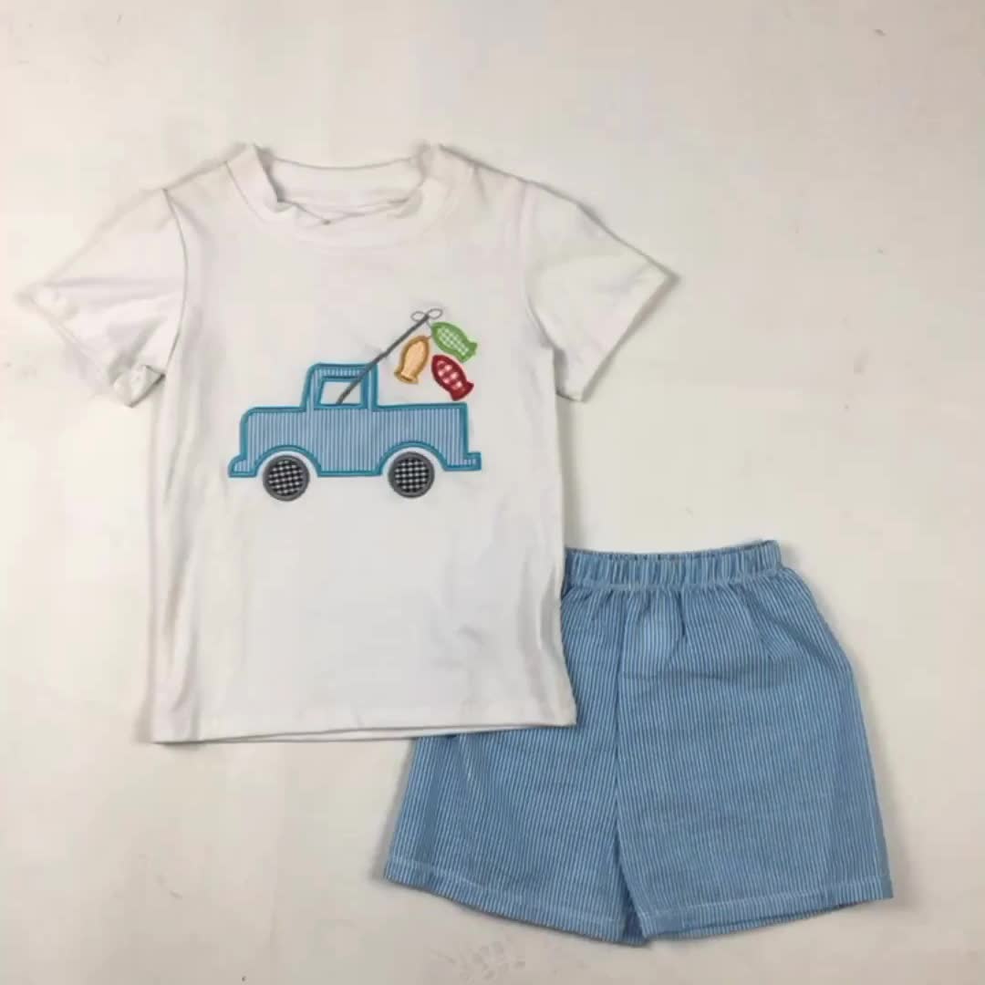 2023 High Quality Firetruck Embroidery Boys Clothing Baby Boys Summer