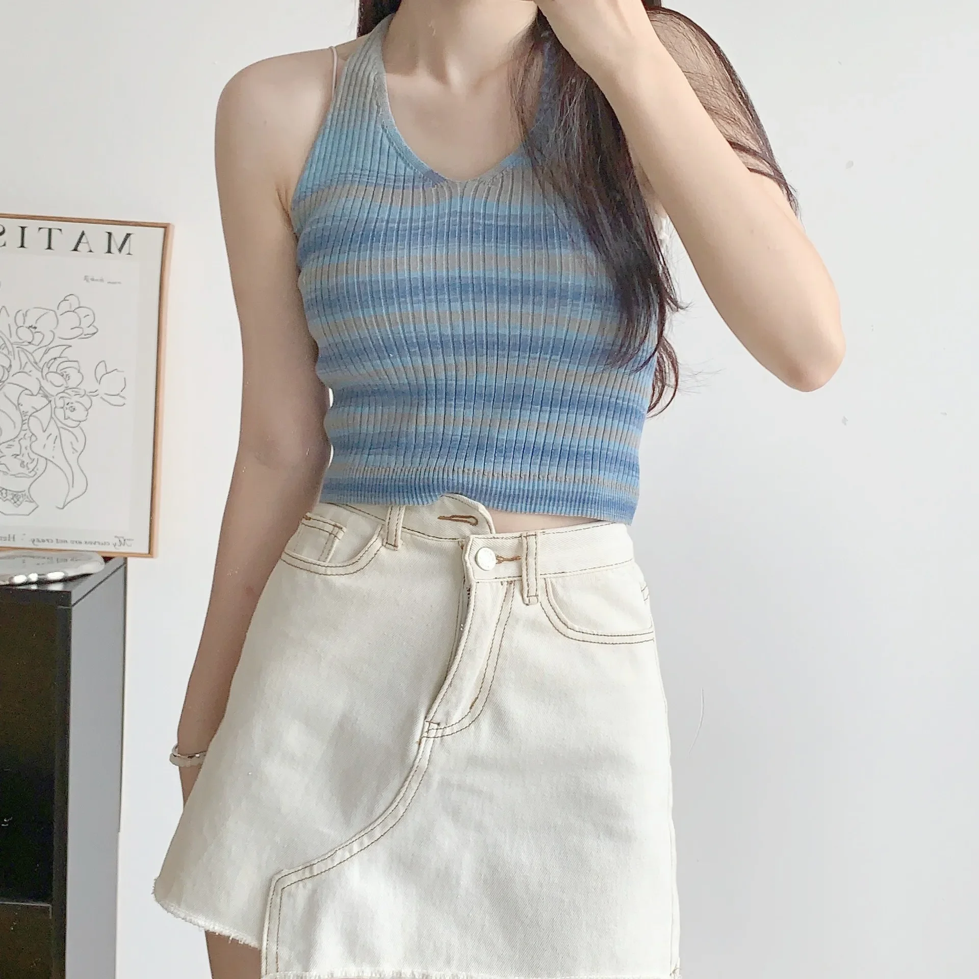 White design knitted spring summer short base short sleeve T-shirt