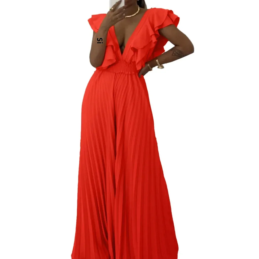 C8574 Cross-border Women's 2024 New Deep V-neck High Waist Sexy Ruffled Wide Leg European and American-style Pants