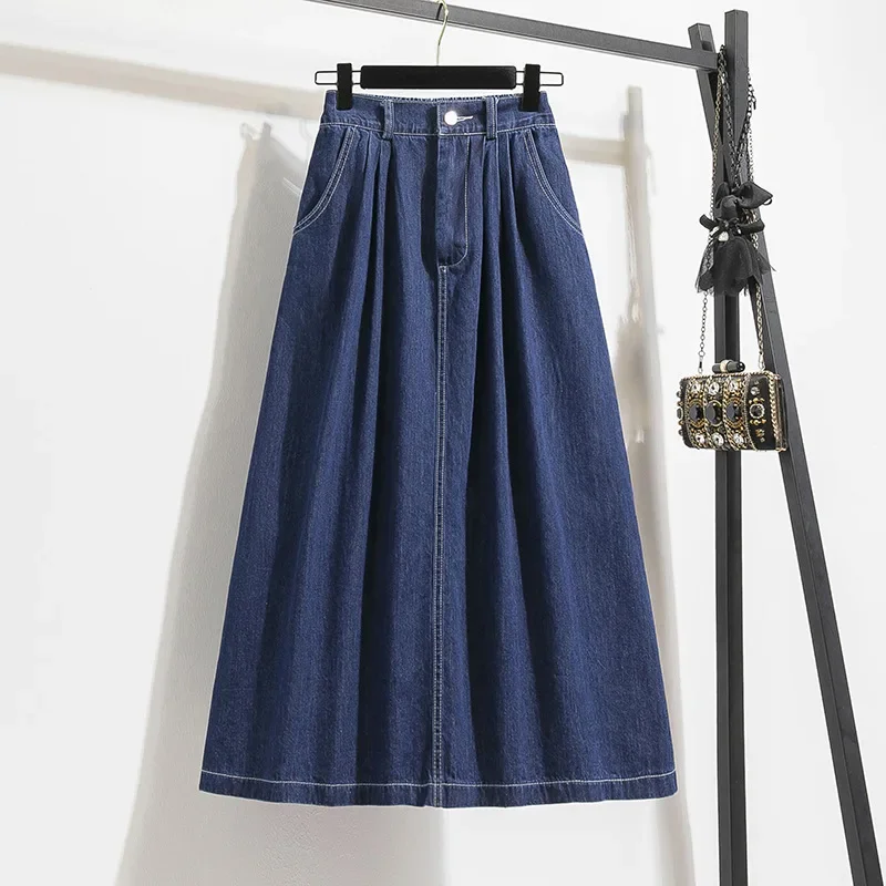 Retro autumn long denim skirt, plus size, mid-length, A-line