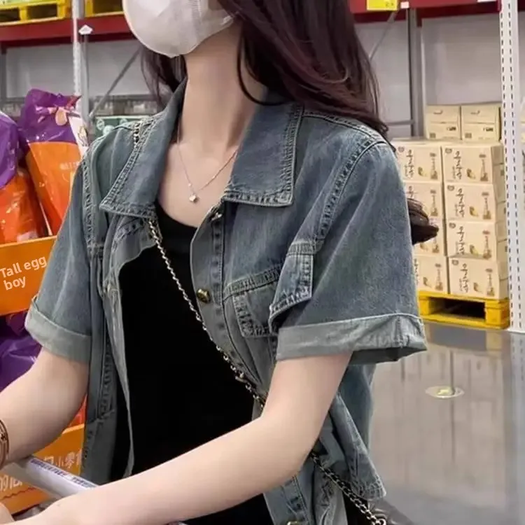 Short-sleeved Denim Coat Women's Summer 2024 New Style Collocation dress American Style Retro Casual All-match Thin Coat