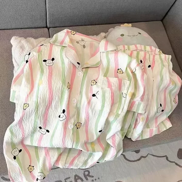 New pajamas women's summer clouds cotton double short girls cute small lapel short sleeve shorts home clothes suit wholesale