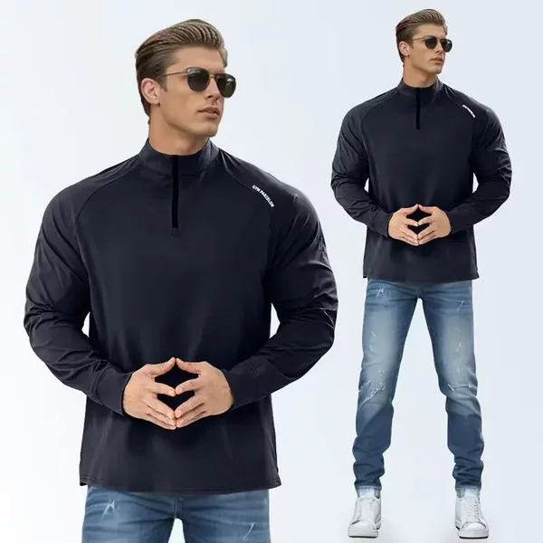 Autumn New Soft Shell Clone Cotton Half Placket/Round Neck Slim-Fit Casual Fashion Shown Fitness High Elastic Base Long T