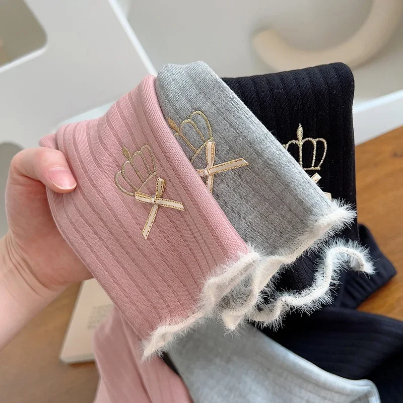 Girls' Leggings Spring New Baby One-piece Velvet Autumn and Winter fleece-lined Thickened Warm Outer Wear Fashion Crown Children's Pants