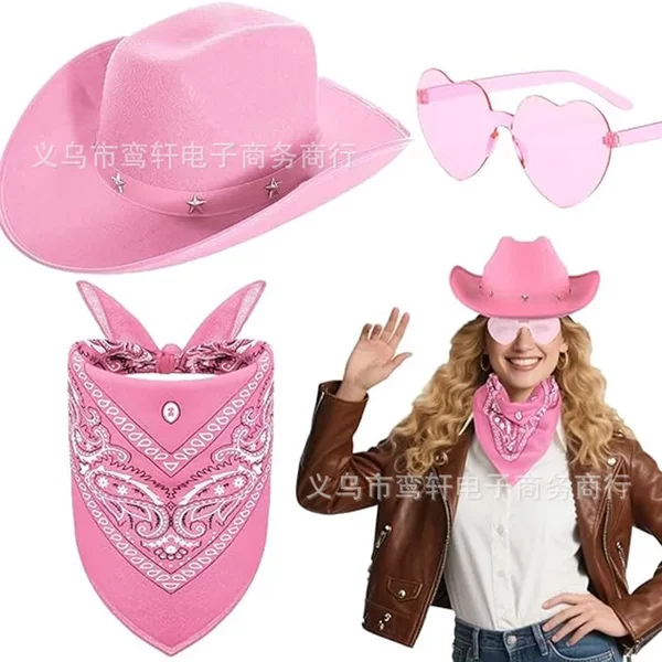 Cross-Border Pink Trimmed Cowboy Hat Halloween Black Five-Pointed Star Trimmed Party Hat Five-Pointed Star Ribbon Decorative Hat