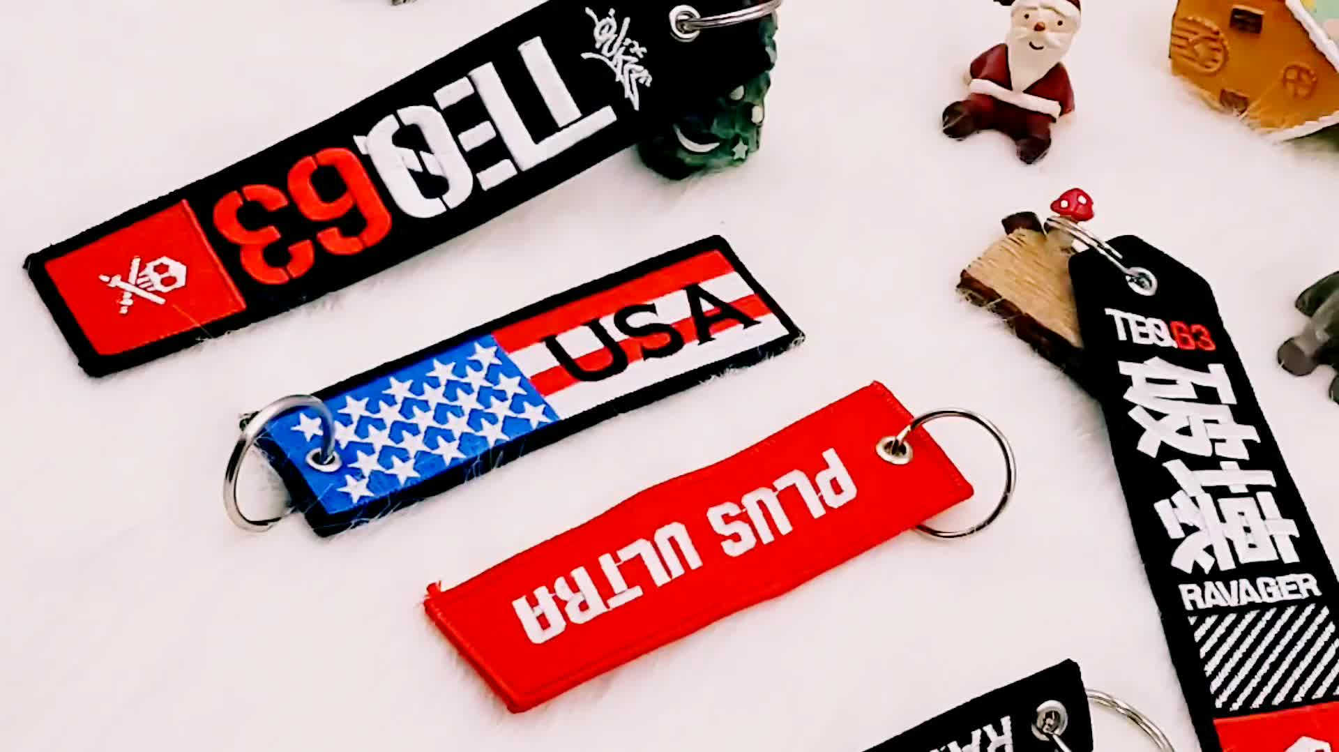 Polyester Twill Custom Double Logo Design Fabric Embroidery Keychain