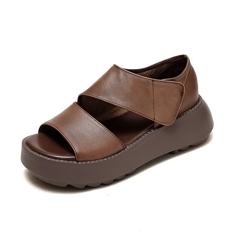 Shanghai Jie shu summer new platform low-top sandals top layer cowhide fish mouth Velcro retro style all-match women's shoes