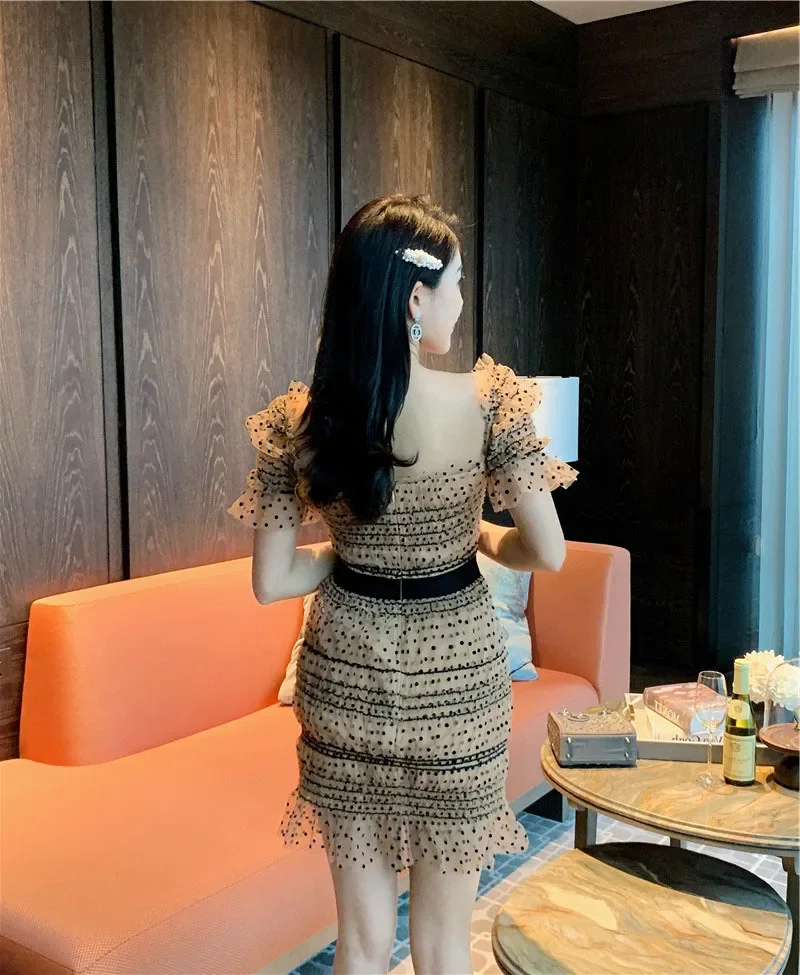 Đầm suông nữ midi họa tiết chấm bi phong cách Pháp — Chấm bi (mẫu ngắn) chi tiết 11