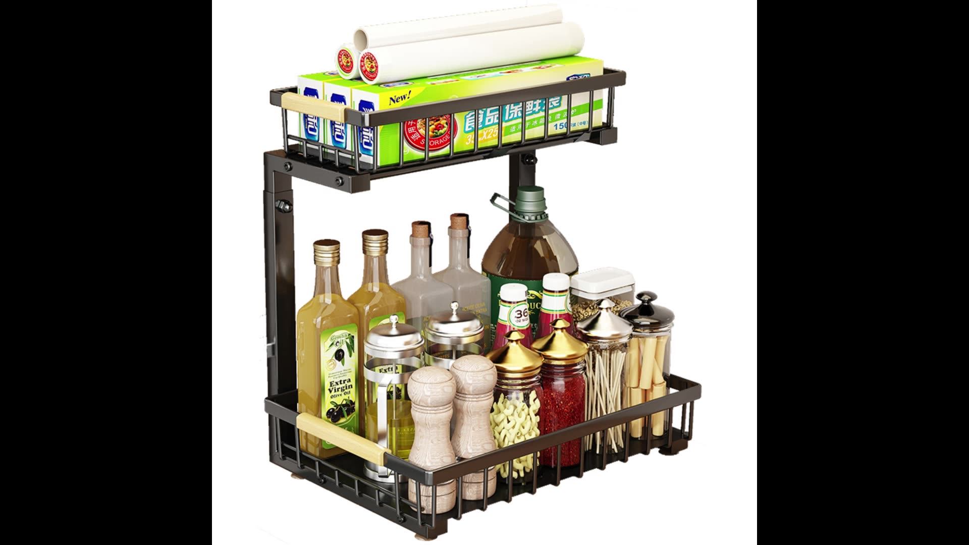 Sliding Drawer Organizer Under Sink Rack Bathroom Counter Top Shelf 2 Tiers Spice Rack Black