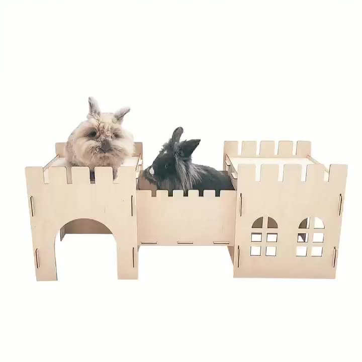Detachable Plywood Wooden Rabbit Hide House Toy Castle With Hideaway Tunnel Hideout Playhouse