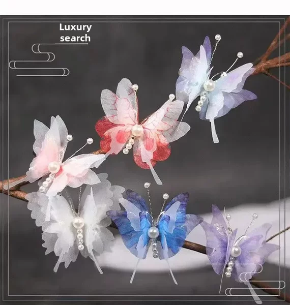 Antique Hair Accessories Mesh Butterfly diy Jewelry Pearl Hairpin Simulation 3 Layer Tulle Butterfly Hairpin Headwear Accessories