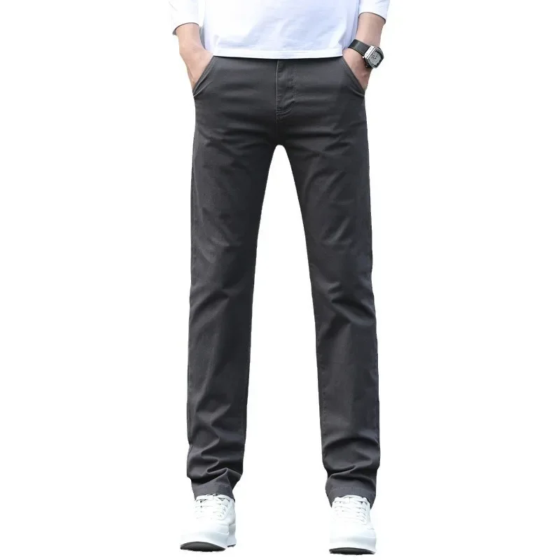 Summer and Spring Men's Youth Fashion Pure Cotton Casual Pants, Versatile Solid Color Elastic Small Straight Leg Slim Long Pants