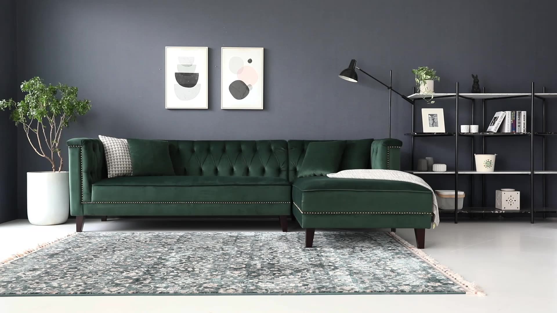 Dark Emerald Green Velour Velvet Tufted Sectional Sofa Couch Corner L