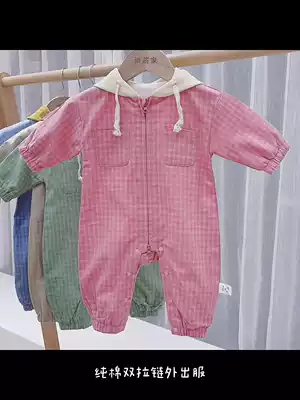 Baby outfitted jumpsuit 0 autumn and winter cotton 3 Plaid grinding Korean version 6 foreign school climbing clothes ha clothes 9 children's clothing