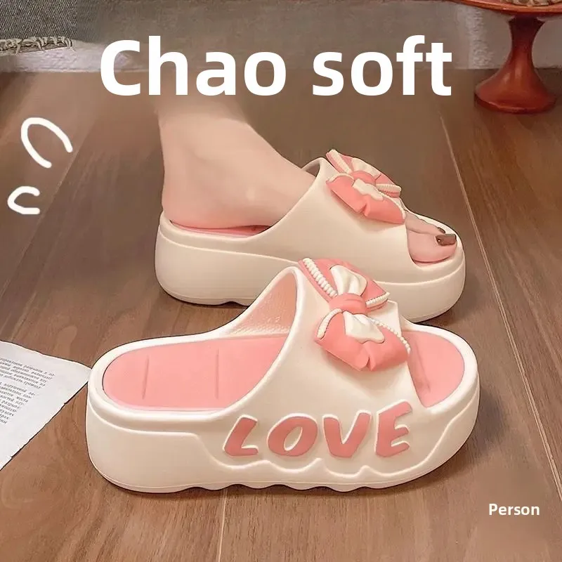 Women's Thick Slippers for Summer Indoor Household Fashionable Bow Ins Style Height-increasing Sandals and Slippers for Bathroom Non-slip Outer Wear