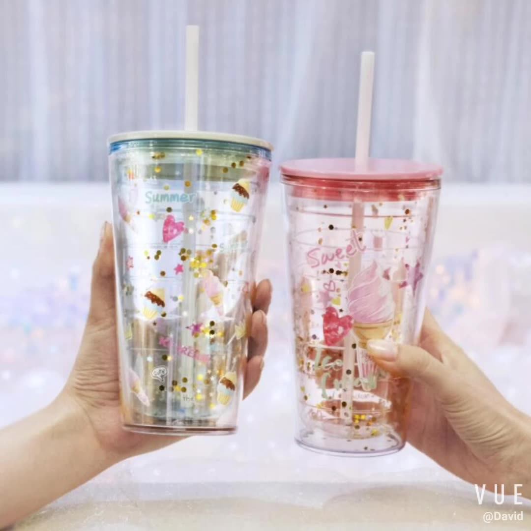 Kids Cute 12 Oz Clear Acrylic Glitter Tumbler Mug Insulated Pink Double  Wall Tumbler Cups With Lids and Straw