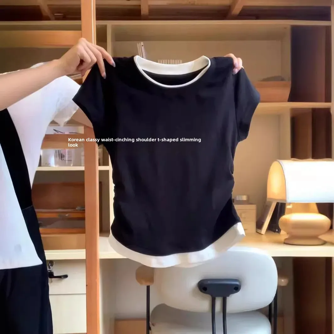 2026 Summer Round Neck Short-Sleeve T-Shirt for Women, Spring and Summer Design, Faux Two-Piece Ruched Waist-Cinching Short Top