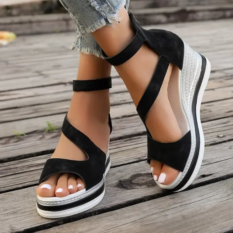 Cross-border plus size Wedge Sandals Women's 2024 Summer New European and American Style High-top Leg-tied Sandals Women