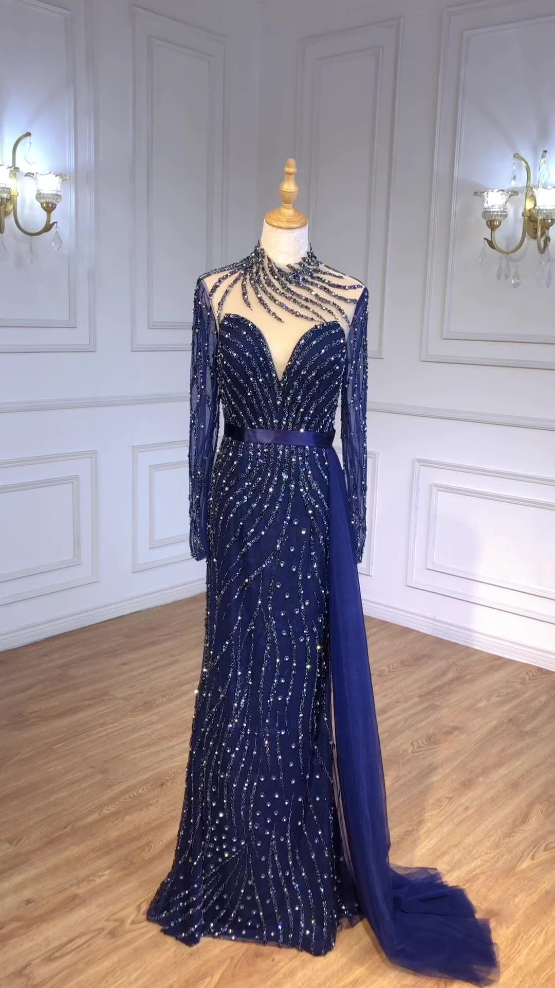 Navy Blue Mermaid Evening Long Dresses 2022 New Trend Serene Hill LA71359 Beaded Full Sleeves Party Gowns Navy Blue Mermaid Evening Long Dresses 2022 New Trend Serene Hill LA71359 Beaded Full Sleeves Party Gowns