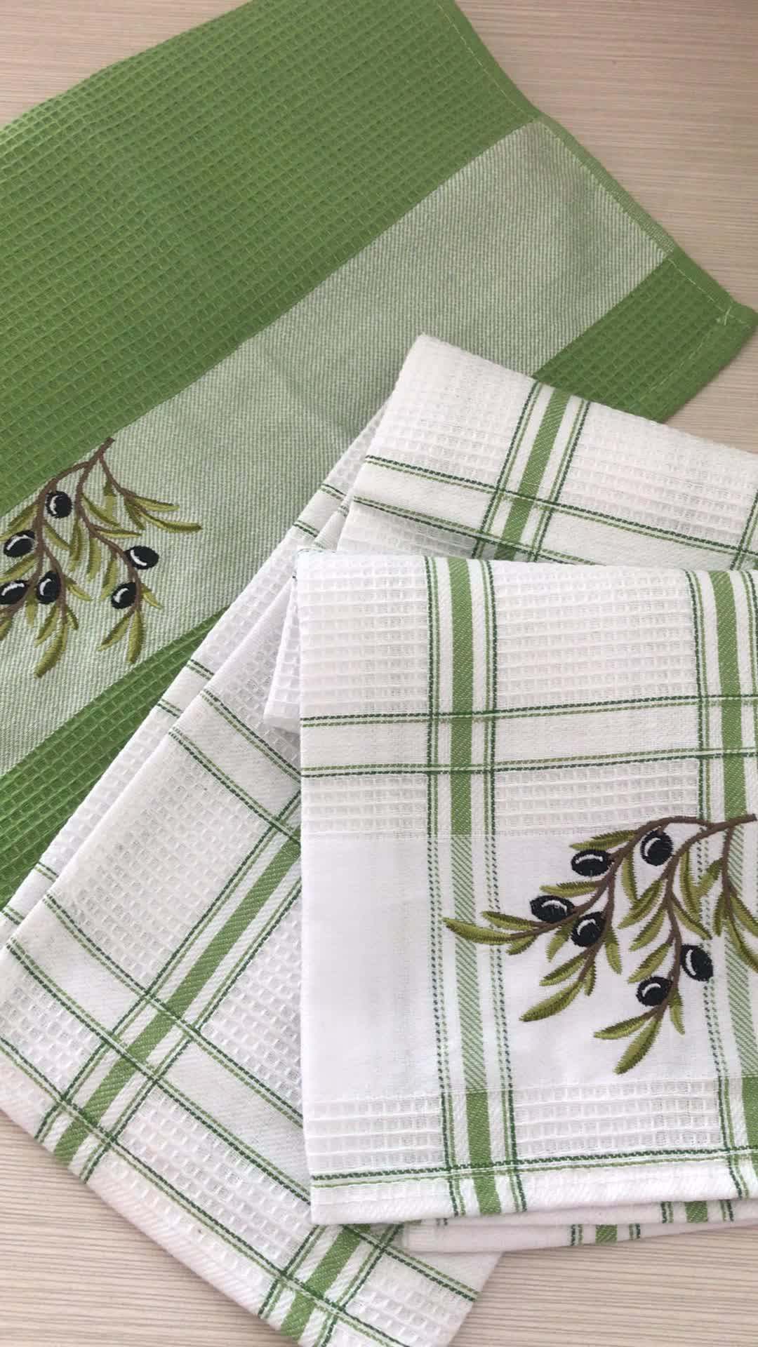 Yarn Dye Waffle Weaving Kitchen Tea Towel Dish Towel With Embroidery