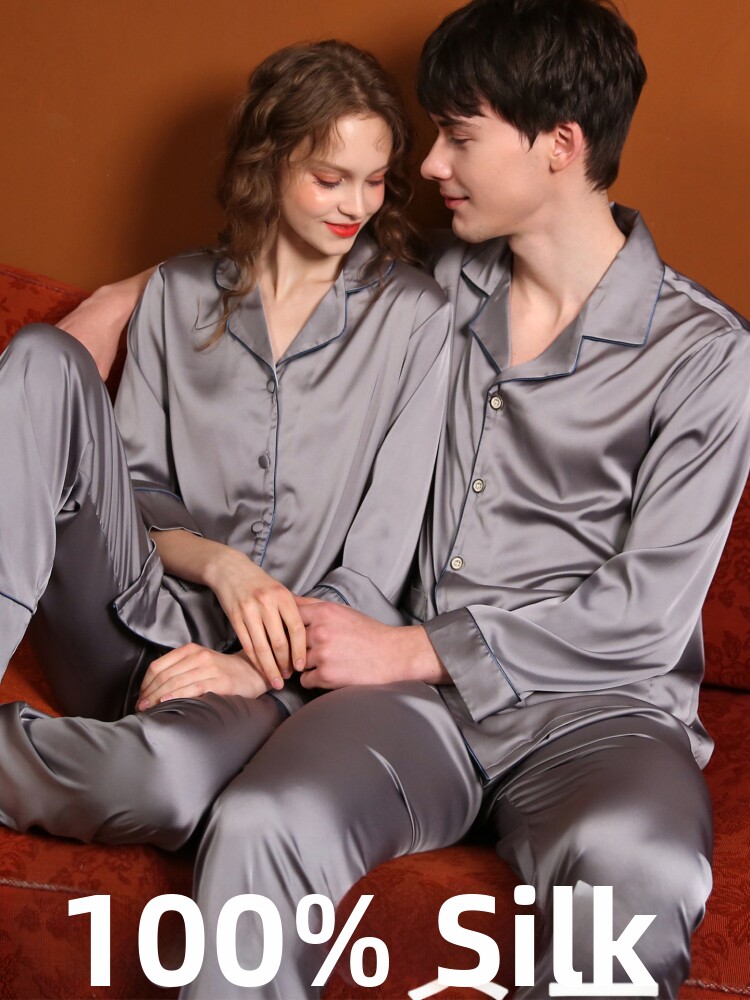 Mulberry Silk Pajamas for Men and Women, Long and Short Sleeves, High-End Thin Couple Two-Piece Suit, Casual Home Wear