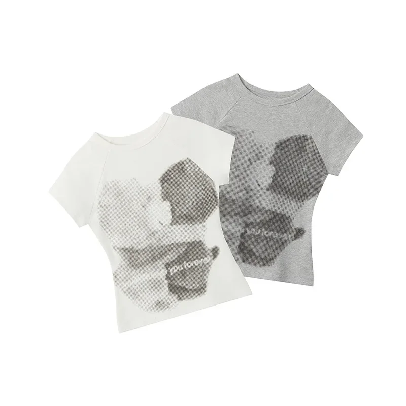 HeyHenry American-style front-shoulder bear print slim short-sleeved T-shirt for women 2025 new round neck hot girl short top