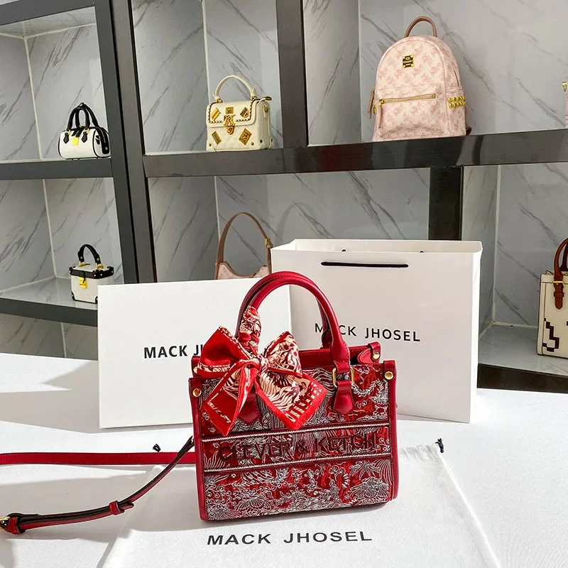 Red bag for bride, with embroidery, high-quality style
