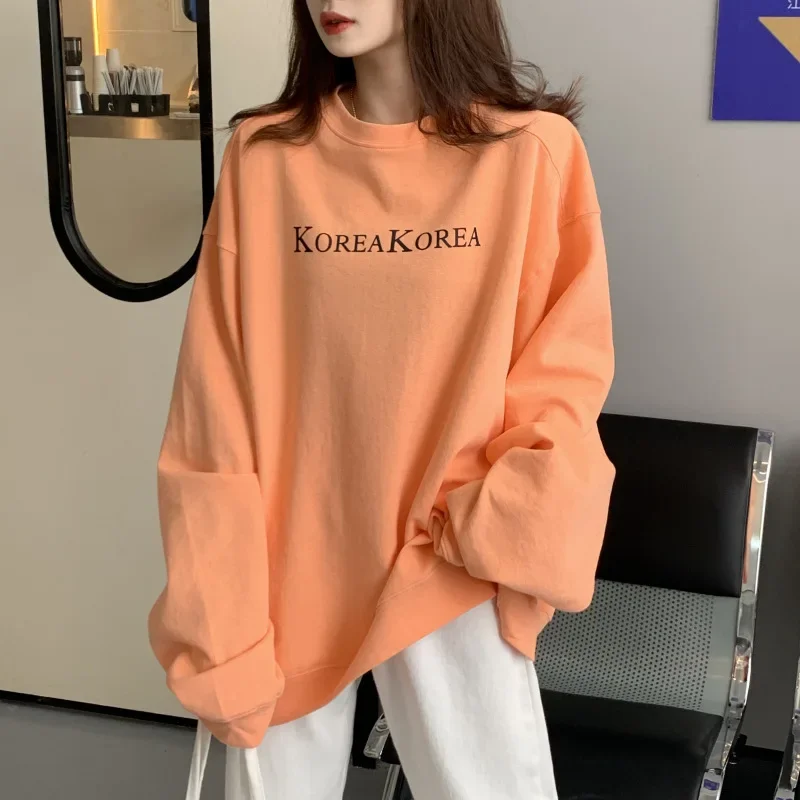 Spring and Autumn American Retro Street Style Thin BF Leisure Wind Korean Version Loose Medium Long Lake Blue Women's Sweatshirt Ins Trendy
