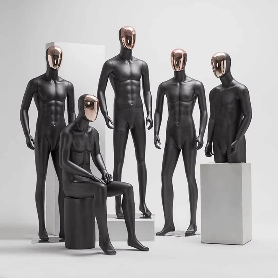 Fashion Window Display Full Body Life Size Matte Black Male Chrome Face
