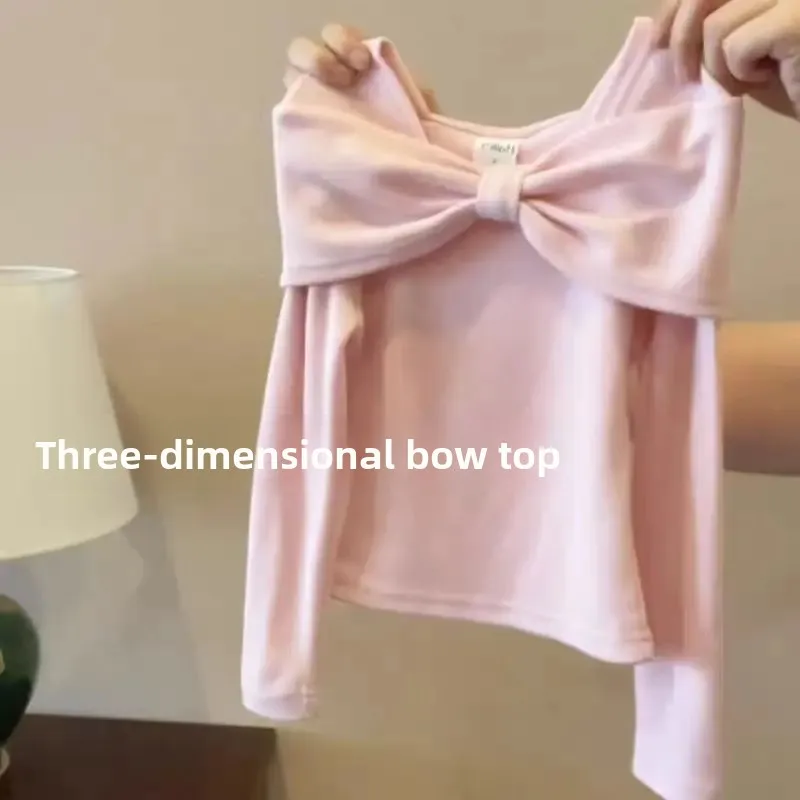 Girls' Spring off-shoulder T-shirt Base Shirt 2025 Baby Girl's New Western Style Sweet Bow Lel Top