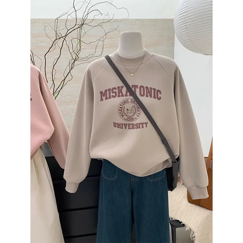 Women's American-style round neck hoodie for spring and autumn, 2025 new arrival, great for layering under winter clothing, long-sleeved top
